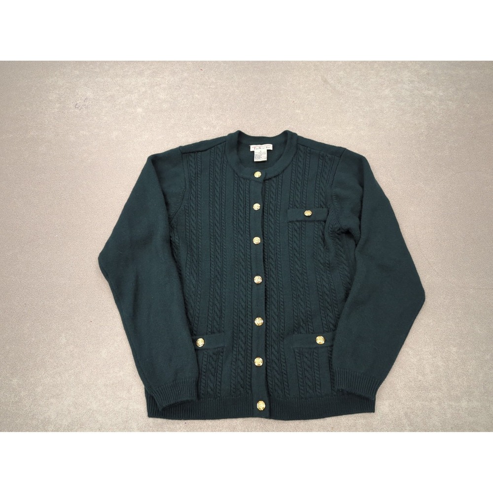 VTG Talbots Merino Wool Cardigan Sweater S Green Gold Crest Buttons Ribbed Knit